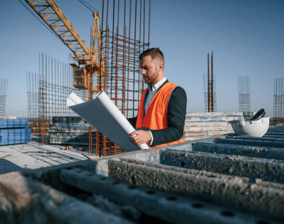 Reading the plan. Man is working on the construction site at daytime.